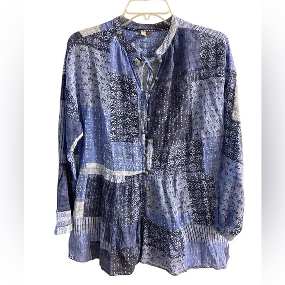 Pilcro Anthropologie Blouse Tunic Patchwork Print Tiered Medium Petite - Picture 1 of 12